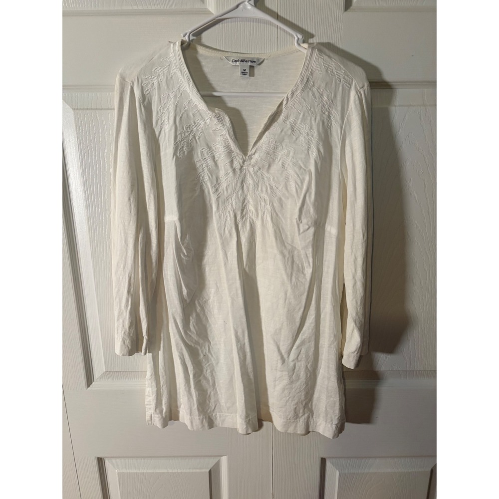 Croft & Barrow Womens White Embroidered V-Neck‎ Long Sleeve Tunic Top Size M